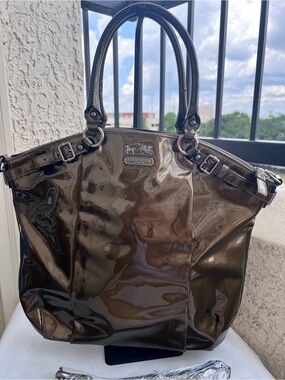 Coach Madison Lindsay Patent Leather Large Satchel in Pewter